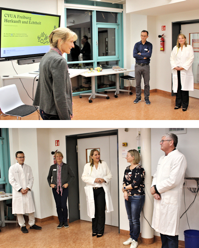 Pr�sentation der Aufgaben des Labors �Stabilisotopen-Massenspektrometrie�. Bild links Laborleiterin Dr. Eva Annweiler (links), Abteilungsleiter Hans-Ulrich Waiblinger (Mitte) und MDin Isabel Kling (rechts). Bild rechts (v.l.n.r.): Felix Romer (MLR-Praktikant), Dr. Eva Annweiler, MDin Isabel Kling, Personalr�tin Stefanie Mei�ner, Amtsleiter Ralf Lippold.