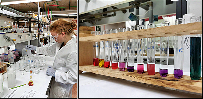 links: Säure-Base-Titration, rechts: Farbzauberei im Reagenzglas links: Säure-Base-Titration, rechts: Farbzauberei im Reagenzglas