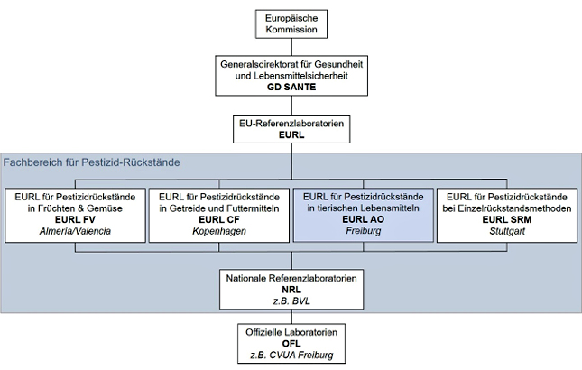 Abbildung 1: Schematische Darstellung der organisatorischen Struktur der EURL f�r Pestizidr�ckst�nde und deren Schnittstellen zu GD SANTE, nationalen Referenzlaboren (NRL) und amtlichen Untersuchungsstellen (OFLs).