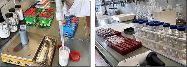 Abbildung 1: Die Milchproben wurden mittels QuEChERs-EMR Methode aufgereinigt. Für die Aufarbeitung einer Probe werden 5 g Milch verwendet (links). Nach der Aufreinigung werden die gewonnenen Probenextrakte in Vials überführt und für die Messung mittels GC- und LC-MS/MS vorbereitet.