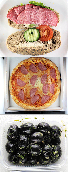 Collage: Salamibrötchen, Salamipizza, Oliven