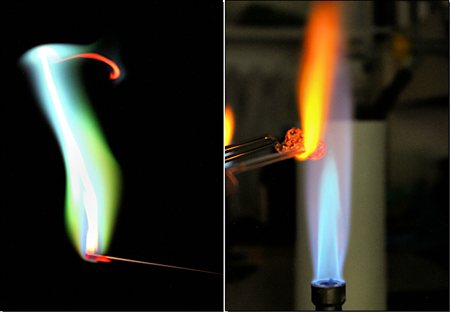 links: Flammenfärbung, rechts: Glasbearbeitung