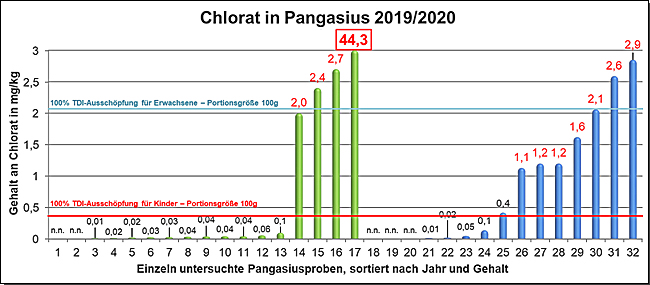 Abb. 4: Chloratgehalte in 32 Pangasiusfilets aus dem Untersuchungsprogramm 2019 (grn) und 2020 (blau)