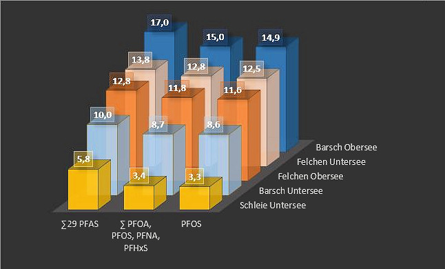 Abbildung 4: Median-Gehalte in g/kg per- und polyfluorierter Alkylsubstanzen in Fischfiletproben aus dem Bodensee (Untersuchungsprogramm 2020).